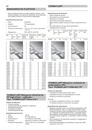 60
MANGUERAS EN PLÁSTICOS
THOMAFLUID®
• Buena resistencia química a aceites, gasolina y ácidos, a tem-
peratura ambiente a la mayoría de disolventes. No es adecuada
para empleo continuo con hidrocarburos halogenados.
Especificaciones técnicas:
• Color: translúcido
• Material: PP (polipropileno)
• Dureza Shore D: 80°
• Intervalo de temperatura: -40 °C a +120 °C (por corto tiempo
+145 °C)
• Regulaciones: FDA, USP XI, UL94 HB
Ref. Ø- Ø- Presión de Presión de Unidad Precio
interno externo trabajo trabajo m Euro
mm mm a 25 °C a 66 °C
19067 1,6 3,2 8,0 5,0 5 25,00
19068 1,6 3,2 8,0 5,0 15 69,00
19061 4,8 6,4 9,5 4,5 5 39,00
19062 4,8 6,4 9,5 4,5 15 100,00
19063 4,8 8,0 15,0 7,5 5 77,00
19064 4,8 8,0 15,0 7,5 10 141,00
19065 6,4 9,6 12,0 6,0 5 87,00
19066 6,4 9,6 12,0 6,0 10 159,00
19069 8,0 11,2 10,5 5,5 5 105,00
19070 8,0 11,2 10,5 5,5 10 192,00
19071 9,6 12,7 8,5 4,5 5 113,00
19072 9,6 12,7 8,5 4,5 10 210,00
19073 12,8 16,0 6,5 3,0 5 118,00
19074 12,8 16,0 6,5 3,0 10 218,00
19075 16,0 19,2 5,5 2,5 5 126,00
19076 16,0 19,2 5,5 2,5 10 238,00
19077 19,2 24,0 7,5 4,0 5 141,00
19078 19,2 24,0 7,5 4,0 10 266,00
THOMAFLUID®-Manguera industrial de
PP High-Chem – calibrada –
Tipo: THOMAPLAST®-Nova 9.6.1
Campos de aplicación:
• Procesos químicos
• Líneas conductoras de protección y aislamiento
• Tecnología de procesos
• Tratamiento de aguas
• Intercambiadores de calor
Especificaciones técnicas:
• Color: natural
• Material: PP (polipropileno)
• Dureza Shore D: 74° conforme a DIN 53505
• Densidad: 0,905 g/cm3 conforme a DIN 53479
• Intervalo de temperatura: –25°C a +90°C; por corto tiempo
+120°C
Especificaciones del producto:
• Buena resistencia química
• Alta resistencia a la temperatura
• Resistente a la hidrólisis
• Muy buenas propiedades dieléctricas
• Mayor dureza y rigidez al igual que mejor recuperación que el
PE
• Muy baja absorción de agua (poco higroscópica)
• Fisiológicamente inofensiva
Ref. Ø Ø Tolerancia Radio Presión Unidad Precio
interno externo mm de de m Euro
mm mm flexión trabajo
mm (bar) a
23º C
330085 2,0 4,0 +/- 0,10 60 33 5 112,00
330086 2,0 4,0 +/- 0,10 60 33 15 280,00
330087 4,0 6,0 +/- 0,10 75 20 5 114,00
330088 4,0 6,0 +/- 0,10 75 20 15 286,00
330089 6,0 8,0 +/- 0,10 85 14 5 116,00
330090 6,0 8,0 +/- 0,10 85 14 15 290,00
330091 8,0 10,0 +/- 0,10 100 11 5 122,00
330092 8,0 10,0 +/- 0,10 100 11 15 300,00
330093 10,0 12,0 +/- 0,10 125 9 5 130,00
330094 10,0 12,0 +/- 0,10 125 9 15 324,00
THOMAFLUID®-Manguera ondulada de
polipropileno (PP)
Tipo: THOMAPLAST®-FRW-4031 PP
Campos de aplicación:
• Transporte de medios líquidos hasta 100 ºC
• Transporte de líquidos en intercambiadores de calor
• Protección de líneas de conducción
ante todo
• En aparatos o dispositivos móviles o con vibración
• En aparatos químicos y construcción de equipos
Especificaciones del producto:
• Manguera ondulada liviana y muy flexible de polipropileno (PP),
teñida transparente, negro o en color marfil. Flexible, de alta
resistencia mecánica, buena estabilidad frente a las temperatu-
ras y resistente al envejecimiento térmico, propiedades eléctri-
cas ventajosas. Buena resistencia química a las lejías, ácidos,
soluciones salinas inorgánicas, combustibles, aceites minerales
y grasas
• No es resistente a los disolventes aromáticos ni halogenados y
tampoco a oxidantes
• Dimensiones adecuadas para laboratorios al igual que cortes
cortos de 5, 10 y 15 m
19 067 19 067 33 0085 33 0085
 