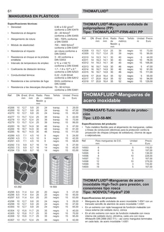 61
MANGUERAS EN PLÁSTICOS
THOMAFLUID®
Especificaciones técnicas:
• Densidad: 0,90 a 0,92 g/cm3
conforme a DIN 53479
• Resistencia al desgarre: 20 - 45 N/mm2
conforme a DIN 53455
• Alargamiento de rotura: 300 - 700% conforme
a DIN 53455
• Módulo de elasticidad: 700 - 1800 N/mm2
conforme a DIN 53457
• Resistencia al impacto: sin rotura conforme a
DIN 53453
• Resistencia al choque en la probeta 3 - 40 conforme a
entallada: DIN 53453
• Intervalo de temperatura de empleo: 0 ºC a +100 ºC
conforme a DIN 53446
• Coeficiente de dilatación térmica: 1,7 - 1,8 x 10-4 x K-1
conforme a DIN 52523
• Conductividad térmica: 0,22 - 0,26 W/mK
conforme a DIN 52612
• Resistencia a las corrientes de fuga: KA3c conforme a
DIN 53480
• Resistencia a las descargas disruptivas: 70 - 90 kV/mm
conforme a DIN 53481
Ref. DN Ø-ext. Ø-int. Radio Peso Teñido Unidad Precio
mm mm de métrico m Euro
flexión g
mm
43268 10 12,7 9,8 20 24 transp. 5 29,00
43269 10 12,7 9,8 20 24 transp. 10 47,00
43270 10 12,7 9,8 20 24 transp. 15 65,00
43277 13 15,7 12,4 25 39 transp. 5 42,00
43278 13 15,7 12,4 25 39 transp. 10 73,00
43279 13 15,7 12,4 25 39 transp. 15 99,00
43283 16 18,7 14,9 30 46 transp. 5 47,00
43284 16 18,7 14,9 30 46 transp. 10 81,00
43285 16 18,7 14,9 30 46 transp. 15 111,00
43289 4,5 7,1 4,5 10 9 negro 5 24,00
43290 4,5 7,1 4,5 10 9 negro 10 42,00
43291 4,5 7,1 4,5 10 9 negro 15 58,00
43292 7,5 9,9 6,7 16 14 negro 5 27,00
43293 7,5 9,9 6,7 16 14 negro 10 45,00
43294 7,5 9,9 6,7 16 14 negro 15 63,00
43295 8,5 11,4 8,4 20 20 negro 5 27,00
43296 8,5 11,4 8,4 20 20 negro 10 45,00
43297 8,5 11,4 8,4 20 20 negro 15 63,00
43298 10 12,7 9,8 20 24 negro 5 29,00
43299 10 12,7 9,8 20 24 negro 10 47,00
43300 10 12,7 9,8 20 24 negro 15 65,00
43304 12 15,6 11,7 25 35 negro 5 40,00
43305 12 15,6 11,7 25 35 negro 10 70,00
43306 12 15,6 11,7 25 35 negro 15 95,00
43307 13 15,7 12,4 25 39 negro 5 42,00
THOMAFLUID®-Manguera ondulada de
polipropileno (PP)
Tipo: THOMAPLAST®-FRW-4031 PP
Ref. DN Ø-ext. Ø-int. Radio Peso Teñido Unidad Precio
mm mm de métrico m Euro
flexión g
mm
43308 13 15,7 12,4 25 39 negro 10 73,00
43309 13 15,7 12,4 25 39 negro 15 99,00
43310 14 18,3 14,1 30 40 negro 5 44,00
43311 14 18,3 14,1 30 40 negro 10 78,00
43312 14 18,3 14,1 30 40 negro 15 106,00
43313 16 18,7 14,9 30 46 negro 5 47,00
43314 16 18,7 14,9 30 46 negro 10 81,00
43315 16 18,7 14,9 30 46 negro 15 111,00
43316 17 20,8 16,4 35 52 negro 5 55,00
43317 17 20,8 16,4 35 52 negro 10 94,00
43318 17 20,8 16,4 35 52 negro 15 129,00
THOMAFLUID®-Mangueras de
acero inoxidable
THOMASAFE-Tubo metálico de protec-
ción
Tipo: LED-58-MK
Especificaciones del producto:
• Tubo metálico flexible para el alojamiento de mangueras, cables
o líneas de conducción eléctricas para la protección contra la
proyección de chispas (chispas de soldadura), chorros de agua
o salpicaduras.
Ref. Para mangueras de D.E. Unidad Precio
mm m Euro
14593 6 5 116,00
14594 6 10 197,00
14595 8 5 136,00
14596 8 10 228,00
14597 12 5 167,00
14598 12 10 279,00
14599 19 3 116,00
14600 19 5 167,00
THOMAFLUID®-Mangueras de acero
inoxidable High-Tech para presión, con
conexiones tipo rosca
Tipo: NODVOL®-Hydra® 230
Especificaciones del producto:
• Manguera de anillo ondulada de acero inoxidable 1.4541 con un
trenzado sencillo de alambre de acero inoxidable 1.4301
• En un extremo con niple hexagonal de fundición maleable con
rosca externa (de soldado duro), cónica
• En el otro extremo con racor de fundición maleable con rosca
interna (de soldado duro), cilíndrica, cada uno con rosca
Whitworth DIN 2999 (ISO 7/1) – así como manguitos terminales
en cada lado, de acero inoxidable 1.4301
43 292 14 593
 