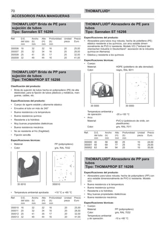 70
ACCESORIOS PARA MANGUERAS
THOMAFLUID®
THOMAFLUID® Brida de PE para
sujeción de tubos
Tipo: Sannalen ST 16298
Ref. D.E. Ancho Alto Profundidad Unidad Precio
del tubo (k) (H) (b) pieza Euro
mm mm mm mm
350006 16 32 32 16 20 25,00
350007 20 32 34 16 20 28,00
350008 25 41 35 17 20 32,00
350009 32 49 44 16 20 41,00
THOMAFLUID® Brida de PP para
sujeción de tubos
Tipo: THOMAPROP ST 16298
Clasificación del producto:
• Brida de sujeción de tubos hecha en polipropileno (PE) de alta
elasticidad, para la fijación de tubos plásticos y metálicos, man-
gueras, cables, etc.
Especificaciones del producto:
• Cuerpo de agarre estable y altamente elástico
• Envuelve al tubo en más de 240°
• Buena resistencia a la temperatura
• Buena resistencia química
• Resistente a la hidrólisis
• Muy buenas propiedades dieléctricas
• Buena resistencia mecánica
• No es resistente al frío (fragilidad)
• Fijación sencilla
Especificaciones técnicas:
• Material: PP (polipropileno)
• Color: gris, RAL 7032
• Temperatura ambiental aprobada: +10 °C a +80 °C
Ref. D.E. Ancho Alto Profundidad Unidad Precio
del tubo (k) (H) (b) pieza Euro
mm mm mm mm
350010 16 32 32 16 20 25,00
350011 20 32 34 16 20 28,00
350012 25 41 35 17 20 32,00
350013 32 49 44 16 20 41,00
THOMAFLUID® Abrazadera de PE para
tubos
Tipo: Sannalen ST 16298
Especificaciones del producto:
• Abrazadera para tubos muy robusta, hecha de polietileno (PE)
elástico resistente a los químicos, con arco estable dimen-
sionalmente de PVC-U resistente. Modelo VCI (”Verband der
chemischen Industrie in Deutschland”: asociación de la industria
química en Alemania)
• Elástica y resistente a los químicos
Especificaciones técnicas:
• Cuerpo:
Material: HDPE (polietileno de alta densidad)
Color: negro, RAL 9011
Temperatura ambiental y
de operación: -20 a +50 °C
• Arco:
Material: PVC-U (policloruro de vinilo, sin
plastificante)
Color: gris, RAL 7011
Ref. D.E. Ancho Alto Profundidad Unidad Precio
del tubo (k) (H) (b) pieza Euro
mm mm mm mm
350000 40 58 68 25 10 24,00
350001 50 69 77 25 10 29,00
350002 63 84 94 25 10 35,00
THOMAFLUID® Abrazadera de PP para
tubos
Tipo: THOMAPROP ST 16298
Especificaciones del producto:
• Abrazadera para tubos robusta, hecha de polipropileno (PP) con
arco estable dimensionalmente de PVC-U resistente. Modelo
VCI.
• Buena resistencia a la temperatura
• Buena resistencia química
• Resistente a la hidrólisis
• Muy buenas propiedades dieléctricas
• Buena resistencia mecánica
Especificaciones técnicas:
• Cuerpo:
Material: PP (polipropileno)
Color: gris, RAL 7032
Temperatura ambiental
y de operación: -10 a +80 °C
35 0010 350010
35 0000 35 0000
 