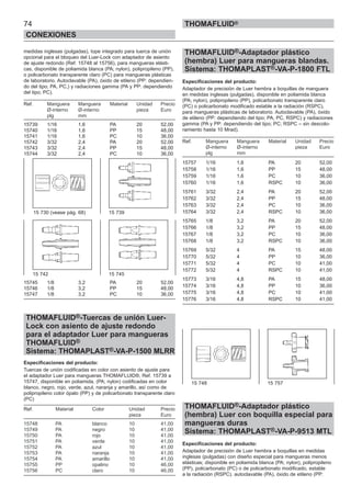 74
CONEXIONES
THOMAFLUID®
medidas inglesas (pulgadas), tope integrado para tuerca de unión
opcional para el bloqueo del Luer-Lock con adaptador de asiento
de ajuste redondo (Ref. 15748 al 15756), para mangueras elásti-
cas, disponible de poliamida blanca (PA; nylon), polipropileno (PP),
o policarbonato transparente claro (PC) para mangueras plásticas
de laboratorio. Autoclavable (PA), óxido de etileno (PP: dependien-
do del tipo; PA, PC,) y radiaciones gamma (PA y PP: dependiendo
del tipo; PC).
Ref. Manguera Manguera Material Unidad Precio
Ø-interno Ø-interno pieza Euro
plg mm
15739 1/16 1,6 PA 20 52,00
15740 1/16 1,6 PP 15 48,00
15741 1/16 1,6 PC 10 36,00
15742 3/32 2,4 PA 20 52,00
15743 3/32 2,4 PP 15 48,00
15744 3/32 2,4 PC 10 36,00
15745 1/8 3,2 PA 20 52,00
15746 1/8 3,2 PP 15 48,00
15747 1/8 3,2 PC 10 36,00
THOMAFLUID®-Tuercas de unión Luer-
Lock con asiento de ajuste redondo
para el adaptador Luer para mangueras
THOMAFLUID®
Sistema: THOMAPLAST®-VA-P-1500 MLRR
Especificaciones del producto:
Tuercas de unión codificadas en color con asiento de ajuste para
el adaptador Luer para mangueras THOMAFLUID®, Ref. 15739 a
15747, disponible en poliamida, (PA; nylon) codificadas en color
blanco, negro, rojo, verde, azul, naranja y amarillo, así como de
polipropileno color ópalo (PP) y de policarbonato transparente claro
(PC)
Ref. Material Color Unidad Precio
pieza Euro
15748 PA blanco 10 41,00
15749 PA negro 10 41,00
15750 PA rojo 10 41,00
15751 PA verde 10 41,00
15752 PA azul 10 41,00
15753 PA naranja 10 41,00
15754 PA amarillo 10 41,00
15755 PP opalino 10 46,00
15756 PC claro 10 46,00
THOMAFLUID®-Adaptador plástico
(hembra) Luer para mangueras blandas.
Sistema: THOMAPLAST®-VA-P-1800 FTL
Especificaciones del producto:
Adaptador de precisión de Luer hembra a boquillas de manguera
en medidas inglesas (pulgadas), disponible en poliamida blanca
(PA; nylon), polipropileno (PP), policarbonato transparente claro
(PC) o policarbonato modificado estable a la radiación (RSPC),
para mangueras plásticas de laboratorio. Autoclavable (PA), óxido
de etileno (PP: dependiendo del tipo; PA, PC, RSPC) y radiaciones
gamma (PA y PP: dependiendo del tipo; PC; RSPC – sin descolo-
ramiento hasta 10 Mrad).
Ref. Manguera Manguera Material Unidad Precio
Ø-interno Ø-interno pieza Euro
plg mm
15757 1/16 1,6 PA 20 52,00
15758 1/16 1,6 PP 15 48,00
15759 1/16 1,6 PC 10 36,00
15760 1/16 1,6 RSPC 10 36,00
15761 3/32 2,4 PA 20 52,00
15762 3/32 2,4 PP 15 48,00
15763 3/32 2,4 PC 10 36,00
15764 3/32 2,4 RSPC 10 36,00
15765 1/8 3,2 PA 20 52,00
15766 1/8 3,2 PP 15 48,00
15767 1/8 3,2 PC 10 36,00
15768 1/8 3,2 RSPC 10 36,00
15769 5/32 4 PA 15 48,00
15770 5/32 4 PP 10 36,00
15771 5/32 4 PC 10 41,00
15772 5/32 4 RSPC 10 41,00
15773 3/16 4,8 PA 15 48,00
15774 3/16 4,8 PP 10 36,00
15775 3/16 4,8 PC 10 41,00
15776 3/16 4,8 RSPC 10 41,00
THOMAFLUID®-Adaptador plástico
(hembra) Luer con boquilla especial para
mangueras duras
Sistema: THOMAPLAST®-VA-P-9513 MTL
Especificaciones del producto:
Adaptador de precisión de Luer hembra a boquillas en medidas
inglesas (pulgadas) con diseño especial para mangueras menos
elásticas; disponible en poliamida blanca (PA; nylon), polipropileno
(PP), policarbonato (PC) o de policarbonato modificado, estable
a la radiación (RSPC). autoclavable (PA), óxido de etileno (PP:
15 730 (vease pág. 68) 15 739
15 742 15 745
15 748 15 757
 