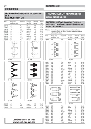87
CONEXIONES
THOMAFLUID®
THOMAFLUID®-Minipiezas de conexión
en Y
Tipo: MULTIFIT®-VPI
Ref. Manguera Material Código Unidad Precio
Ø-interno mm de color pieza Euro
29249 1,5 PA blanco 15 54,00
29250 1,5 PA negro 15 54,00
29251 1,5 PP natural 10 49,00
29252 1,5 PVDF natural 5 52,00
29253 2,5 PA blanco 15 54,00
29254 2,5 PA negro 15 54,00
29255 2,5 PP natural 10 49,00
29256 2,5 PVDF natural 5 52,00
29257 3,0 PA blanco 15 57,00
29258 3,0 PA negro 15 57,00
29259 3,0 PP natural 10 52,00
29260 3,0 PVDF natural 5 57,00
THOMAFLUID®-Minirracores
para mangueras
THOMAFLUID®-Minirracores (macho)
Tipo: MULTIFIT®-VPI – rosca externa de
10-32 UNF corta –
Modelo: Conexión para mangueras en un extremo. Rosca
(externa) 10-32 en el otro extremo. Para mangueras
plásticas flexibles.
Ref. Manguera Material Código Unidad Precio
Ø-interno mm de color pieza Euro
28950 1,5 PA blanco 20 36,00
28951 1,5 PA negro 20 36,00
28952 1,5 PA rojo 20 36,00
28953 1,5 PA verde 20 36,00
28954 1,5 PA azul 20 36,00
28955 1,5 PP natural 15 36,00
28956 1,5 PVDF natural 10 52,00
28957 2,5 PA blanco 20 36,00
28958 2,5 PA negro 20 36,00
28959 2,5 PA rojo 20 36,00
28960 2,5 PA verde 20 36,00
28961 2,5 PA azul 20 36,00
28962 2,5 PP natural 15 36,00
28963 2,5 PVDF natural 10 52,00
28964 3,0 PA blanco 20 36,00
28965 3,0 PA negro 20 36,00
28966 3,0 PA rojo 20 36,00
28967 3,0 PA verde 20 36,00
28968 3,0 PA azul 20 36,00
28969 3,0 PP natural 15 36,00
28970 3,0 PVDF natural 10 52,00
28971 4,0 PA blanco 20 36,00
28972 4,0 PA negro 20 36,00
28973 4,0 PA rojo 20 36,00
28974 4,0 PA verde 20 36,00
28975 4,0 PA azul 20 36,00
28976 4,0 PP natural 15 36,00
28977 4,0 PVDF natural 10 52,00
29 354 29 354
29 249 28 950
29 249 29 249
28 971
28 950 28 950
28 971
Compras fáciles en linea
www.rct-online.de
 
