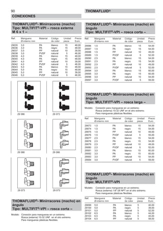 90
CONEXIONES
THOMAFLUID®
THOMAFLUID®- Minirracores (macho)
Tipo: MULTIFIT®-VPI – rosca externa
M 6 x 1 –
Ref. Manguera Material Código Unidad Precio
Ø-interno mm de color pieza Euro
29035 3,0 PA blanco 15 48,00
29036 3,0 PA negro 15 48,00
29037 3,0 PP natural 10 39,00
29038 3,0 PVDF natural 5 46,00
29039 4,0 PA blanco 15 48,00
29040 4,0 PA negro 15 48,00
29041 4,0 PP natural 10 39,00
29042 4,0 PVDF natural 5 46,00
29043 5,0 PA blanco 15 48,00
29044 5,0 PA negro 15 48,00
29045 5,0 PP natural 10 39,00
29046 5,0 PVDF natural 5 46,00
THOMAFLUID®- Minirracores (macho) en
ángulo
Tipo: MULTIFIT®-VPI – rosca corta –
Modelo: Conexión para mangueras en un extremo.
Rosca (externa) 10-32 UNF en el otro extremo.
Para mangueras plásticas flexibles.
THOMAFLUID®- Minirracores (macho) en
ángulo
Tipo: MULTIFIT®-VPI – rosca corta –
Ref. Manguera Material Código Unidad Precio
Ø-interno mm de color pieza Euro
29086 1,5 PA blanco 15 54,00
29087 1,5 PA negro 15 54,00
29088 1,5 PP natural 10 49,00
29089 1,5 PVDF natural 5 52,00
29090 2,5 PA blanco 15 54,00
29091 2,5 PA negro 15 54,00
29092 2,5 PP natural 10 49,00
29093 2,5 PVDF natural 5 52,00
29094 3,0 PA blanco 15 60,00
29095 3,0 PA negro 15 60,00
29096 3,0 PP natural 10 54,00
29097 3,0 PVDF natural 5 59,00
THOMAFLUID®- Minirracores (macho) en
ángulo
Tipo: MULTIFIT®-VPI – rosca larga –
Modelo: Conexión para mangueras en un extremo.
Rosca (externa) 10-32 UNF en el otro extremo.
Para mangueras plásticas flexibles.
Ref. Manguera Material Código Unidad Precio
Ø-interno mm de color pieza Euro
29073 1,5 PA blanco 15 54,00
29074 1,5 PA negro 15 54,00
29075 1,5 PP natural 10 49,00
29076 1,5 PVDF natural 5 55,00
29077 2,5 PA blanco 15 54,00
29078 2,5 PA negro 15 54,00
29079 2,5 PP natural 10 49,00
29080 2,5 PVDF natural 5 52,00
29081 3,0 PA blanco 15 60,00
29082 3,0 PA negro 15 60,00
29083 3,0 PP natural 10 54,00
29084 3,0 PVDF natural 5 59,00
THOMAFLUID®- Minirracores (macho) en
ángulo
Tipo: MULTIFIT®-VPI
Modelo: Conexión para mangueras en un extremo.
Rosca (externa) 1/8”-28 NPT en el otro extremo.
Para mangueras plásticas flexibles.
Ref. Manguera Material Código Unidad Precio
Ø-interno mm de color pieza Euro
29099 5,0 PA blanco 5 40,00
29100 5,0 PA negro 5 39,00
29101 5,0 PP natural 5 52,00
29102 6,5 PA blanco 5 44,00
29103 6,5 PA negro 5 45,00
29104 6,5 PP natural 5 59,00
29 086 29 073
29 086 29 086
29 073 29 073
 