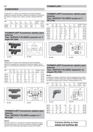 97
CONEXIONES
THOMAFLUID®
Distribuidor en T doble: dos conexiones de tubería paralelas y
girables en sentidos contrarios, además dos salidas de conexiones
de tubería en ángulo recto a estas; Carcasa: material polimérico
PA.
Ref. D H L1 L N Unidad Precio
mm mm mm mm mm pieza Euro
46936 6 29 23 61,5 15,5 3 63,00
46937 8 32 24,5 67,5 18,5 3 73,00
THOMAFLUID®-Conectores rápidos para
tuberías
Tipo: NODVOL®-ELGEES conexión en T
triple PA 3304
Modelo:
Distribuidor en T triple: tres conexiones de tubería paralelas,
además dos salidas de conexiones de tubería en ángulo recto a
estas; con perforaciones para fijación; Carcasa: material polimérico
PA.
Ref. D1 D2 H L1 L2 N T Unidad Precio
mm mm mm mm mm mm mm pieza Euro
46931 6 4 25,5 36 34 11 3,2 5 67,00
46932 8 4 29 47 38 14 4,2 3 56,00
46933 8 6 29 47 38 14 4,2 3 60,00
46934 10 6 32,5 54 44,5 16 4,2 3 60,00
46935 10 8 32,5 54 44,5 16 4,2 3 65,00
THOMAFLUID®-Conectores rápidos para
tuberías
Tipo: NODVOL®-ELGEES acople en Y
PA 3140
Modelo:
Pieza de acople en Y, conexiones de tubería disponible de igual
dimensión por pares o de todos sus extremos; Carcasa: material
polimérico PA, perforación para fijación (excepto Ref. 46904).
THOMAFLUID®-Conectores rápidos para
tuberías
Tipo: NODVOL®-ELGEES acople en Y
PA 3140
Ref. D1 D2 H K L N Unidad Precio
mm mm mm mm mm mm pieza Euro
46904 4 4 17,5 8,5 28,5 9 5 41,00
46905 4 6 17,5 10,5 33 9 3 48,00
46906 6 6 21,5 10,5 35 11 5 52,00
46907 6 8 22,5 13,5 41 11,5 3 51,00
46908 8 8 28 13,5 45 14,5 5 62,00
12284 8 10 28 16 47 14,5 3 66,00
12285 10 10 33 16 63 17 3 70,00
THOMAFLUID®-Conectores rápidos para
tuberías
Tipo: NODVOL®-ELGEES adaptador en
ángulo PA 3182
Modelo:
Adaptador en ángulo combinado, tubo de acople para la conexión
en cualquier conector rápido para tuberías THOMAFLUID®, salida
de tubería en ángulo recto; Carcasa: material polimérico PA.
Ref. D1 D2 H K L N Unidad Precio
mm mm mm mm mm mm pieza Euro
46910 4 8,5 26 9,5 19 14 5 34,00
46911 6 10,5 28 11 21 16 5 34,00
46912 8 13,5 33 11 21,5 23 5 36,00
46913 10 16 41 8 27 23 5 62,00
46914 12 19 45,5 11,5 28,5 31 3 42,00
46 936 46 936
46 931 46 931
46 904 46 904
46 910 46 910
Compras fáciles en linea
www.rct-online.de
 