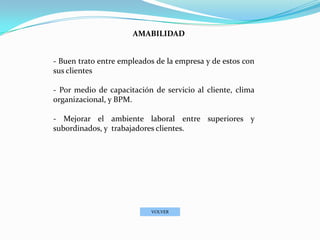 AMABILIDAD


- Buen trato entre empleados de la empresa y de estos con
sus clientes

- Por medio de capacitación de servicio al cliente, clima
organizacional, y BPM.

- Mejorar el ambiente laboral entre superiores y
subordinados, y trabajadores clientes.




                           VOLVER
 