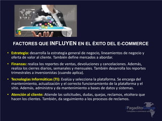FACTORES QUE INFLUYEN EN EL ÉXITO DEL E-COMMERCE
• Estrategia: desarrolla la estrategia general de negocio, lineamientos de negocio y
oferta de valor al cliente. También define mercados a abordar.
• Finanzas: realiza los reportes de ventas, devoluciones y cancelaciones. Además,
realiza los cierres diarios, semanales y mensuales. También desarrolla los reportes
trimestrales a inversionistas (cuando aplica).
• Tecnologías Informáticas (TI): Evalúa y selecciona la plataforma. Se encarga del
mantenimiento, actualización y el correcto funcionamiento de la plataforma y el
sitio. Además, administra y da mantenimiento a bases de datos y sistemas.
• Atención al cliente: Atiende las solicitudes, dudas, quejas, reclamos, etcétera que
hacen los clientes. También, da seguimiento a los procesos de reclamos.
 