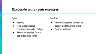 Opções do tema - prós e contras
Prós
● Rápido
● Não é necessário
conhecimento de código
● Personalizações ficam
separadas do tema
Contras
● Personalizações podem se
perder ao trocar de tema
● Pouco controle
 