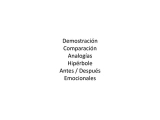 DemostraciónComparaciónAnalogíasHipérboleAntes / DespuésEmocionales