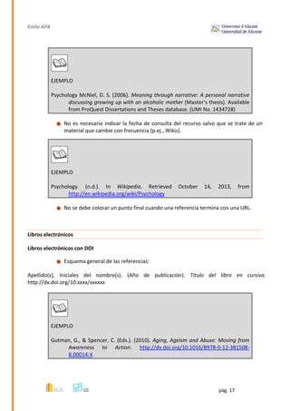 Estilo APA
pág. 17
EJEMPLO
Psychology McNiel, D. S. (2006). Meaning through narrative: A personal narrative
discussing growing up with an alcoholic mother (Master’s thesis). Available
from ProQuest Dissertations and Theses database. (UMI No. 1434728)
No es necesario indicar la fecha de consulta del recurso salvo que se trate de un
material que cambie con frecuencia (p.ej., Wikis).
EJEMPLO
Psychology. (n.d.). In Wikipedia. Retrieved October 14, 2013, from
http://en.wikipedia.org/wiki/Psychology
No se debe colocar un punto final cuando una referencia termina con una URL.
Libros electrónicos
Libros electrónicos con DOI
Esquema general de las referencias:
Apellido(s), Iniciales del nombre(s). (Año de publicación). Título del libro en cursiva.
http://dx.doi.org/10.xxxx/xxxxxx
EJEMPLO
Gutman, G., & Spencer, C. (Eds.). (2010). Aging, Ageism and Abuse: Moving from
Awareness to Action. http://dx.doi.org/10.1016/B978-0-12-381508-
8.00014-X
 