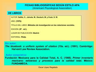 FICHAS BIBLIOGRÁFICAS SEGÚN ESTILO APA (Americam Psycological Association) AUTOR:  Selltiz, C., Jahoda, M., Deutsch, M. y Cook, S. W. AÑO:  (1976 ). TÍTULO DEL LIBRO:  Métodos de investigación en las relaciones sociales. EDICIÓN:  (8ª.  ed.). LUGAR DE PUBLICACIÓN:  Madrid: EDITORIAL:  Rialp. DE LIBROS Sin autor: The bluebook: a uniform system of citation  (15a. ed.). (1991). Cambridge: Harvard Law Review Association. Autor corporativo: Fundación Mexicana para la Calidad Total, A. C. (1988).  Primer inventario mexicano: esfuerzos y procesos para la calidad total . México: FUNDAMECA. 