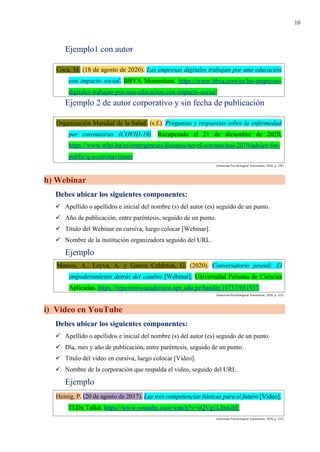 10
Ejemplo1 con autor
Ejemplo 2 de autor corporativo y sin fecha de publicación
(American Psychological Association, 2020, p. 328)
h) Webinar
Debes ubicar los siguientes componentes:
✓ Apellido o apellidos e inicial del nombre (s) del autor (es) seguido de un punto.
✓ Año de publicación, entre paréntesis, seguido de un punto.
✓ Título del Webinar en cursiva, luego colocar [Webinar].
✓ Nombre de la institución organizadora seguido del URL.
Ejemplo
(American Psychological Association, 2020, p. 323)
i) Video en YouTube
Debes ubicar los siguientes componentes:
✓ Apellido o apellidos e inicial del nombre (s) del autor (es) seguido de un punto.
✓ Día, mes y año de publicación, entre paréntesis, seguido de un punto.
✓ Título del video en cursiva, luego colocar [Video].
✓ Nombre de la corporación que respalda el video, seguido del URL.
Ejemplo
(American Psychological Association, 2020, p. 323)
Coca, M. (18 de agosto de 2020). Las empresas digitales trabajan por una educación
con impacto social. BBVA Momentum. https://www.bbva.com/es/las-empresas-
digitales-trabajan-por-una-educacion-con-impacto-social/
Organización Mundial de la Salud. (s.f.). Preguntas y respuestas sobre la enfermedad
por coronavirus (COVID-19). Recuperado el 21 de diciembre de 2020,
https://www.who.int/es/emergencies/diseases/novel-coronavirus-2019/advice-for-
public/q-a-coronaviruses
Marcos, A., Leyva, A. y García Calderón, G. (2020). Conversatorio juvenil: El
empoderamiento detrás del cambio [Webinar]. Universidad Peruana de Ciencias
Aplicadas. https://repositorioacademico.upc.edu.pe/handle/10757/651937
Heinig, P. (20 de agosto de 2017). Las tres competencias básicas para el futuro [Video].
TEDx Talkd. https://www.youtube.com/watch?v=cQVg1LfmGhE
 