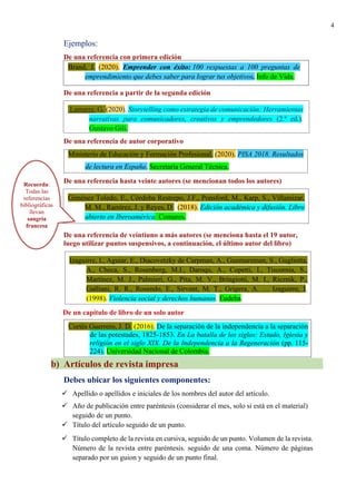 4
Ejemplos:
De una referencia con primera edición
De una referencia a partir de la segunda edición
De una referencia de autor corporativo
De una referencia hasta veinte autores (se mencionan todos los autores)
De una referencia de veintiuno a más autores (se menciona hasta el 19 autor,
luego utilizar puntos suspensivos, a continuación, el último autor del libro)
De un capítulo de libro de un solo autor
b) Artículos de revista impresa
Debes ubicar los siguientes componentes:
✓ Apellido o apellidos e iniciales de los nombres del autor del artículo.
✓ Año de publicación entre paréntesis (considerar el mes, solo si está en el material)
seguido de un punto.
✓ Título del artículo seguido de un punto.
✓ Título completo de la revista en cursiva, seguido de un punto. Volumen de la revista.
Número de la revista entre paréntesis. seguido de una coma. Número de páginas
separado por un guion y seguido de un punto final.
Lamarre, G. (2020). Storytelling como estrategia de comunicación: Herramientas
narrativas para comunicadores, creativos y emprendedores (2.ª ed.).
Gustavo Gili.
Ministerio de Educación y Formación Profesional. (2020). PISA 2018. Resultados
de lectura en España. Secretaría General Técnica.
Giménez Toledo, E., Córdoba Restrepo, J.F., Ponsford, M., Karp, S., Villamizar,
M. M., Ramírez, J. y Reyes, D. (2018). Edición académica y difusión. Libro
abierto en Iberoamérica. Comares.
Izaguirre, I., Aguiar, E., Diacovetzky de Carpman, A., Guemureman, S., Gugliotta,
A., Checa, S., Rosenberg, M.I., Daroqu, A., Copetti, I., Tiscornia, S.,
Martínez, M. J., Palmieri, G., Pita, M. V., Bringiotti, M. I., Rieznik, P.,
Galliani, R. R., Rosendo, E., Sirvent, M. T., Grigera, A. … Izaguirre, I.
(1998). Violencia social y derechos humanos. Eudeba.
Recuerda:
Todas las
referencias
bibliográficas
llevan
sangría
francesa
Brand, J. (2020). Emprender con éxito: 100 respuestas a 100 preguntas de
emprendimiento que debes saber para lograr tus objetivos. Info de Vida.
Cortés Guerrero, J. D. (2016). De la separación de la independencia a la separación
de las potestades, 1825-1853. En La batalla de los siglos: Estado, Iglesia y
religión en el siglo XIX. De la Independencia a la Regeneración (pp. 115-
224). Universidad Nacional de Colombia.
 