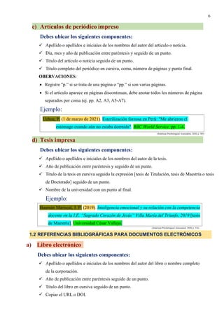 6
c) Artículos de periódico impreso
Debes ubicar los siguientes componentes:
✓ Apellido o apellidos e iniciales de los nombres del autor del artículo o noticia.
✓ Día, mes y año de publicación entre paréntesis y seguido de un punto.
✓ Título del artículo o noticia seguido de un punto.
✓ Título completo del periódico en cursiva, coma, número de páginas y punto final.
OBERVACIONES:
• Registre “p.” si se trata de una página o “pp.” si son varias páginas.
• Si el artículo aparece en páginas discontinuas, debe anotar todos los números de página
separados por coma (ej. pp. A2, A3, A5-A7).
Ejemplo:
(American Psychological Association, 2020, p. 305)
d) Tesis impresa
Debes ubicar los siguientes componentes:
✓ Apellido o apellidos e iniciales de los nombres del autor de la tesis.
✓ Año de publicación entre paréntesis y seguido de un punto.
✓ Título de la tesis en cursiva seguido la expresión [tesis de Titulación, tesis de Maestría o tesis
de Doctorado] seguido de un punto.
✓ Nombre de la universidad con un punto al final.
Ejemplo:
(American Psychological Association, 2020, p. 314)
a) Libro electrónico
Debes ubicar los siguientes componentes:
✓ Apellido o apellidos e iniciales de los nombres del autor del libro o nombre completo
de la corporación.
✓ Año de publicación entre paréntesis seguido de un punto.
✓ Título del libro en cursiva seguido de un punto.
✓ Copiar el URL o DOI.
1.2 REFERENCIAS BIBLIOGRÁFICAS PARA DOCUMENTOS ELECTRÓNICOS
Uchoa, P. (1 de marzo de 2021). Esterilización forzosa en Perú: "Me abrieron el
estómago cuando aún no estaba dormida". BBC World Service, pp. 1-4.
Huamán Mariscal, J. P. (2019). Inteligencia emocional y su relación con la competencia
docente en la I.E. “Sagrado Corazón de Jesús” Villa María del Triunfo, 2019 [tesis
de Maestría]. Universidad César Vallejo.
 