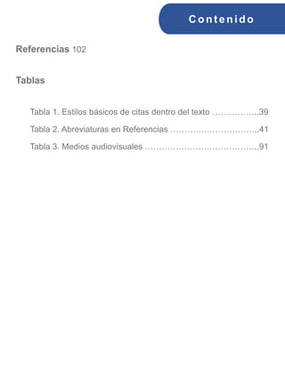 C ont enido
Referencias 102
Tablas
Tabla 1. Estilos básicos de citas dentro del texto ……………..39
Tabla 2. Abreviaturas en Referencias …………………………..41
Tabla 3. Medios audiovisuales …………………………………..91
 