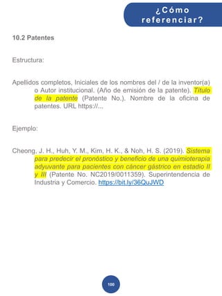 10.2 Patentes
Estructura:
Apellidos completos, Iniciales de los nombres del / de la inventor(a)
o Autor institucional. (Año de emisión de la patente). Título
de la patente (Patente No.). Nombre de la oficina de
patentes. URL https://...
Ejemplo:
Cheong, J. H., Huh, Y. M., Kim, H. K., & Noh, H. S. (2019). Sistema
para predecir el pronóstico y beneficio de una quimioterapia
adyuvante para pacientes con cáncer gástrico en estadio II
y III (Patente No. NC2019/0011359). Superintendencia de
Industria y Comercio. https://bit.ly/36QuJWD
¿C ómo
ref erenciar ?
100
 
