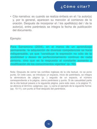 15
• Cita narrativa: es cuando se realiza énfasis en el / la autor(a)
y, por lo general, aparecen su mención al comienzo de la
oración. Después de incorporar el / los apellido(s) del / de la
autor(a), entre paréntesis se integra la fecha de publicación
del documento.
Ejemplo:
Para Sarramona (2004), en el marco de un aprendizaje
permanente, la adquisición de diversas competencias se hace
indispensable, ya que “constituye la expresión no sólo de la
posibilidad y deseo de perfeccionamiento continuo de cada
persona, sino que es la respuesta al constante aumento y
modificación de los conocimientos vigentes” (p. 10).
Nota: Después de cerrar las comillas inglesas de la cita textual, no se pone
punto. En este caso, se introduce un espacio, inicio de paréntesis, se integra
la abreviatura de página (p. ) seguido de un espacio, el número
correspondiente a la página, cierra paréntesis y punto. Si de casualidad parte
de la cita textual pasara a la siguiente página, para este caso, a la página 11,
se abrevia el término «páginas» (pp. ) y sería el ejemplo de la siguiente forma:
(pp. 10-11), con punto al final después del paréntesis.
¿C ómo cit ar ?
 