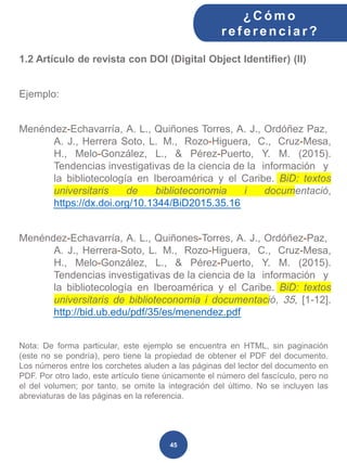 1.2 Artículo de revista con DOI (Digital Object Identifier) (II)
Ejemplo:
Menéndez-Echavarría, A. L., Quiñones Torres, A. J., Ordóñez Paz,
A. J., Herrera Soto, L. M., Rozo-Higuera, C., Cruz-Mesa,
H., Melo-González, L., & Pérez-Puerto, Y. M. (2015).
Tendencias investigativas de la ciencia de la información y
la bibliotecología en Iberoamérica y el Caribe. BiD: textos
universitaris de biblioteconomia i documentació,
https://dx.doi.org/10.1344/BiD2015.35.16
Menéndez-Echavarría, A. L., Quiñones-Torres, A. J., Ordóñez-Paz,
A. J., Herrera-Soto, L. M., Rozo-Higuera, C., Cruz-Mesa,
H., Melo-González, L., & Pérez-Puerto, Y. M. (2015).
Tendencias investigativas de la ciencia de la información y
la bibliotecología en Iberoamérica y el Caribe. BiD: textos
universitaris de biblioteconomia i documentació, 35, [1-12].
http://bid.ub.edu/pdf/35/es/menendez.pdf
Nota: De forma particular, este ejemplo se encuentra en HTML, sin paginación
(este no se pondría), pero tiene la propiedad de obtener el PDF del documento.
Los números entre los corchetes aluden a las páginas del lector del documento en
PDF. Por otro lado, este artículo tiene únicamente el número del fascículo, pero no
el del volumen; por tanto, se omite la integración del último. No se incluyen las
abreviaturas de las páginas en la referencia.
¿C ómo
ref erenciar ?
45
 