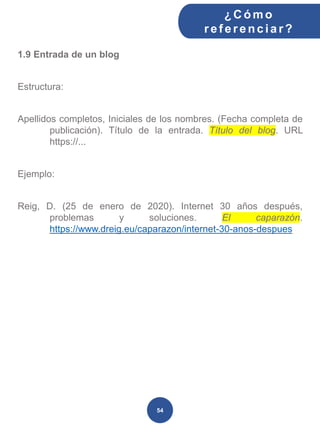 1.9 Entrada de un blog
Estructura:
Apellidos completos, Iniciales de los nombres. (Fecha completa de
publicación). Título de la entrada. Título del blog. URL
https://...
Ejemplo:
Reig, D. (25 de enero de 2020). Internet 30 años después,
problemas y soluciones. El caparazón.
https://www.dreig.eu/caparazon/internet-30-anos-despues
¿C ómo
ref erenciar ?
54
 