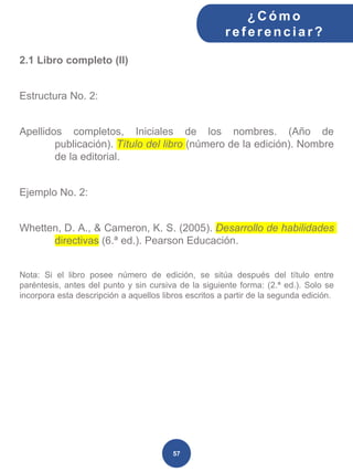 2.1 Libro completo (II)
Estructura No. 2:
Apellidos completos, Iniciales de los nombres. (Año de
publicación). Título del libro (número de la edición). Nombre
de la editorial.
Ejemplo No. 2:
Whetten, D. A., & Cameron, K. S. (2005). Desarrollo de habilidades
directivas (6.ª ed.). Pearson Educación.
Nota: Si el libro posee número de edición, se sitúa después del título entre
paréntesis, antes del punto y sin cursiva de la siguiente forma: (2.ª ed.). Solo se
incorpora esta descripción a aquellos libros escritos a partir de la segunda edición.
¿C ómo
ref erenciar ?
57
 