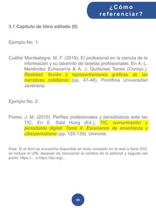 3.1 Capítulo de libro editado (II)
Ejemplo No. 1:
Cuéllar Montealegre. M. F. (2019). El profesional en la ciencia de la
información y su laberinto de tarjetas profesionales. En A. L.
Menéndez Echavarría & A. J. Quiñones Torres (Comps.),
Realidad, ficción y representaciones gráficas de las
narrativas cotidianas (pp. 47-48). Pontificia Universidad
Javeriana.
Ejemplo No. 2:
Flores, J. M. (2010). Perfiles profesionales y periodísticos ante las
TIC. En E. Said Hung (Ed.), TIC, comunicación y
periodismo digital: Tomo II. Escenarios de enseñanza y
ciberperiodismo (pp. 125-135). Uninorte.
Nota: Si el libro se encuentra disponible en texto completo en la web o tiene DOI,
se incluye el URL después de mencionar el nombre de la editorial y seguido del
punto: https://... o https://doi.org/...
¿C ómo
ref erenciar ?
66
 
