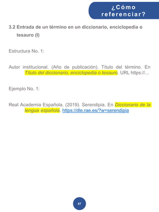3.2 Entrada de un término en un diccionario, enciclopedia o
tesauro (I)
Estructura No. 1:
Autor institucional. (Año de publicación). Título del término. En
Título del diccionario, enciclopedia o tesauro. URL https://...
Ejemplo No. 1:
Real Academia Española. (2019). Serendipia. En Diccionario de la
lengua española. https://dle.rae.es/?w=serendipia
¿C ómo
ref erenciar ?
67
 
