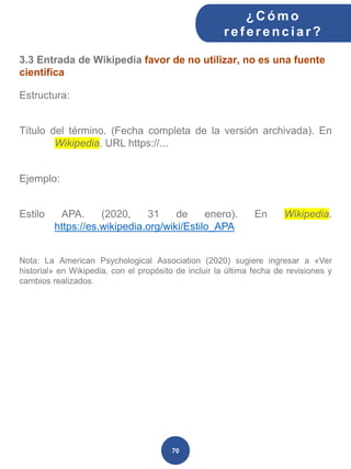 3.3 Entrada de Wikipedia favor de no utilizar, no es una fuente
cientifica
Estructura:
Título del término. (Fecha completa de la versión archivada). En
Wikipedia. URL https://...
Ejemplo:
Estilo APA. (2020, 31 de enero). En Wikipedia.
https://es.wikipedia.org/wiki/Estilo_APA
Nota: La American Psychological Association (2020) sugiere ingresar a «Ver
historial» en Wikipedia, con el propósito de incluir la última fecha de revisiones y
cambios realizados.
¿C ómo
ref erenciar ?
70
 