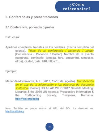 5. Conferencias y presentaciones
5.1 Conferencia, ponencia o póster
Estructura:
Apellidos completos, Iniciales de los nombres. (Fecha completa del
evento). Título de la conferencia / ponencia / póster
[Conferencia / Ponencia / Póster]. Nombre de la evento
(congreso, seminario, jornada, foro, encuentro, simposio,
otros), ciudad, país. URL https://...
Ejemplo:
Menéndez-Echavarría, A. L. (2017, 15-16 de agosto). Gamificación
en el uso de la información y los objetivos de desarrollo
sostenible [Póster]. IFLA LAC WLIC 2017 Satellite Meeting:
Libraries & the 2030 UN Agenda: Prospective Information &
the Forthcoming Society, Timișoara, Rumania.
http://doi.org/dcdq
Nota: También se puede acortar el URL del DOI. La dirección es:
http://shortdoi.org.
¿C ómo
ref erenciar ?
73
 