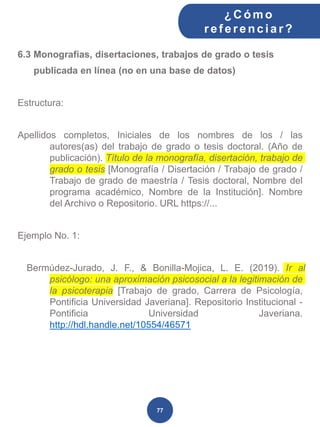 6.3 Monografías, disertaciones, trabajos de grado o tesis
publicada en línea (no en una base de datos)
Estructura:
Apellidos completos, Iniciales de los nombres de los / las
autores(as) del trabajo de grado o tesis doctoral. (Año de
publicación). Título de la monografía, disertación, trabajo de
grado o tesis [Monografía / Disertación / Trabajo de grado /
Trabajo de grado de maestría / Tesis doctoral, Nombre del
programa académico, Nombre de la Institución]. Nombre
del Archivo o Repositorio. URL https://...
Ejemplo No. 1:
Bermúdez-Jurado, J. F., & Bonilla-Mojica, L. E. (2019). Ir al
psicólogo: una aproximación psicosocial a la legitimación de
la psicoterapia [Trabajo de grado, Carrera de Psicología,
Pontificia Universidad Javeriana]. Repositorio Institucional -
Pontificia Universidad Javeriana.
http://hdl.handle.net/10554/46571
¿C ómo
ref erenciar ?
77
 