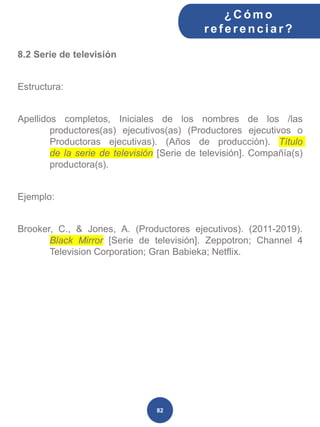 8.2 Serie de televisión
Estructura:
Apellidos completos, Iniciales de los nombres de los /las
productores(as) ejecutivos(as) (Productores ejecutivos o
Productoras ejecutivas). (Años de producción). Título
de la serie de televisión [Serie de televisión]. Compañía(s)
productora(s).
Ejemplo:
Brooker, C., & Jones, A. (Productores ejecutivos). (2011-2019).
Black Mirror [Serie de televisión]. Zeppotron; Channel 4
Television Corporation; Gran Babieka; Netflix.
¿C ómo
ref erenciar ?
82
 