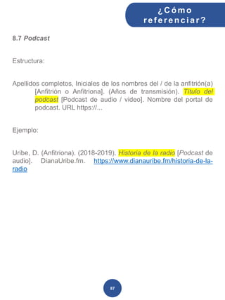 8.7 Podcast
Estructura:
Apellidos completos, Iniciales de los nombres del / de la anfitrión(a)
[Anfitrión o Anfitriona]. (Años de transmisión). Título del
podcast [Podcast de audio / video]. Nombre del portal de
podcast. URL https://...
Ejemplo:
Uribe, D. (Anfitriona). (2018-2019). Historia de la radio [Podcast de
audio]. DianaUribe.fm. https://www.dianauribe.fm/historia-de-la-
radio
¿C ómo
ref erenciar ?
87
 
