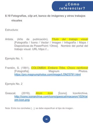 8.10 Fotografías, clip art, banco de imágenes y otros trabajos
visuales
Estructura:
Artista. (Año de publicación). Título del trabajo visual
[Fotografía / Ícono / Vector / Imagen / Infografía / Mapa /
Diapositivas de PowerPoint / Otros]. Nombre del portal del
trabajo visual. URL https://...
Ejemplo No. 1:
Franklin, S. (1991). COLOMBIA. Embera Tribe, Choco rainforest
[Fotografía]. Magnum Photos.
https://pro.magnumphotos.com/image/LON23791.html
Ejemplo No. 2
Goescat. (2018). Atom Icon [Ícono]. IconArchive.
http://icons.iconarchive.com/icons/goescat/macaron/1024/at
om-icon.png
Nota: Entre los corchetes […], se debe especificar el tipo de imagen..
¿C ómo
ref erenciar ?
90
 