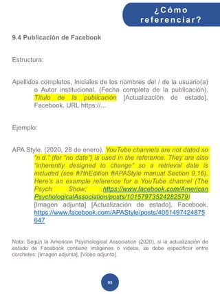 9.4 Publicación de Facebook
Estructura:
Apellidos completos, Iniciales de los nombres del / de la usuario(a)
o Autor institucional. (Fecha completa de la publicación).
Título de la publicación [Actualización de estado].
Facebook. URL https://...
Ejemplo:
APA Style. (2020, 28 de enero). YouTube channels are not dated so
“n.d.” (for “no date”) is used in the reference. They are also
“inherently designed to change” so a retrieval date is
included (see #7thEdition #APAStyle manual Section 9.16).
Here’s an example reference for a YouTube channel (The
Psych Show; https://www.facebook.com/American
PsychologicalAssociation/posts/10157973524282579)
[Imagen adjunta] [Actualización de estado]. Facebook.
https://www.facebook.com/APAStyle/posts/4051497424875
647
Nota: Según la American Psychological Association (2020), si la actualización de
estado de Facebook contiene imágenes o videos, se debe especificar entre
corchetes: [Imagen adjunta], [Video adjunto].
¿C ómo
ref erenciar ?
95
 