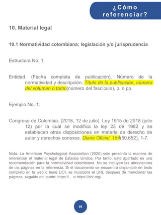 10. Material legal
10.1 Normatividad colombiana: legislación y/o jurisprudencia
Estructura No. 1:
Entidad. (Fecha completa de publicación). Número de la
normatividad y descripción. Título de la publicación, número
del volumen o tomo(número del fascículo), p. o pp.
Ejemplo No. 1:
Congreso de Colombia. (2018, 12 de julio). Ley 1915 de 2018 (julio
12) por la cual se modifica la ley 23 de 1982 y se
establecen otras disposiciones en materia de derecho de
autor y derechos conexos. Diario Oficial, 154(50.652), 1-7.
Nota: La American Psychological Association (2020) solo presenta la manera de
referenciar el material legal de Estados Unidos. Por tanto, este apartado es una
recomendación para la normatividad colombiana. No se incluyen las abreviaturas
de las páginas en la referencia. Si el documento se encuentra disponible en texto
completo en la web o tiene DOI, se incorpora el URL después de mencionar las
páginas, seguido del punto: https://... o https://doi.org/...
¿C ómo
ref erenciar ?
98
 