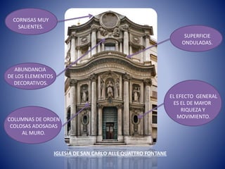 IGLESIA DE SAN CARLO ALLE QUATTRO FONTANE
CORNISAS MUY
SALIENTES.
ABUNDANCIA
DE LOS ELEMENTOS
DECORATIVOS.
COLUMNAS DE ORDEN
COLOSAS ADOSADAS
AL MURO.
SUPERFICIE
ONDULADAS.
EL EFECTO GENERAL
ES EL DE MAYOR
RIQUEZA Y
MOVIMIENTO.
 