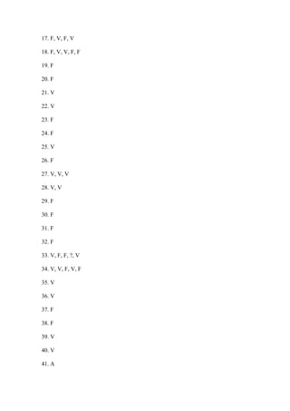 17. F, V, F, V

18. F, V, V, F, F

19. F

20. F

21. V

22. V

23. F

24. F

25. V

26. F

27. V, V, V

28. V, V

29. F

30. F

31. F

32. F

33. V, F, F, ?, V

34. V, V, F, V, F

35. V

36. V

37. F

38. F

39. V

40. V

41. A
 