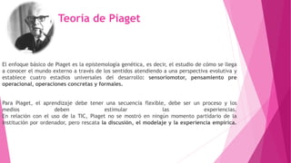 Teoría de Piaget 
El enfoque básico de Piaget es la epistemología genética, es decir, el estudio de cómo se llega 
a conocer el mundo externo a través de los sentidos atendiendo a una perspectiva evolutiva y 
establece cuatro estadios universales del desarrollo: sensoriomotor, pensamiento pre 
operacional, operaciones concretas y formales. 
Para Piaget, el aprendizaje debe tener una secuencia flexible, debe ser un proceso y los 
medios deben estimular las experiencias. 
En relación con el uso de la TIC, Piaget no se mostró en ningún momento partidario de la 
institución por ordenador, pero rescata la discusión, el modelaje y la experiencia empírica. 
