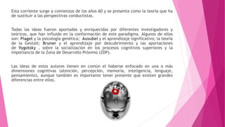 Esta corriente surge a comienzos de los años 60 y se presenta como la teoría que ha 
de sustituir a las perspectivas conductistas. 
Todas las ideas fueron aportadas y enriquecidas por diferentes investigadores y 
teóricos, que han influido en la conformación de este paradigma. Algunos de ellos 
son: Piaget y la psicología genética; Ausubel y el aprendizaje significativo; la teoría 
de la Gestalt; Bruner y el aprendizaje por descubrimiento y las aportaciones 
de Vygotsky , sobre la socialización en los procesos cognitivos superiores y la 
importancia de la Zona de Desarrollo Próximo (ZDP). 
Las ideas de estos autores tienen en común el haberse enfocado en una o más 
dimensiones cognitivas (atención, percepción, memoria, inteligencia, lenguaje, 
pensamiento), aunque también es importante tener presente que existen grandes 
diferencias entre ellos. 
 