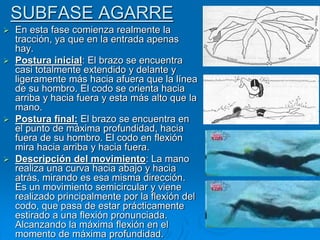 SUBFASE AGARRE
 En esta fase comienza realmente la
tracción, ya que en la entrada apenas
hay.
 Postura inicial: El brazo se encuentra
casi totalmente extendido y delante y
ligeramente más hacia afuera que la línea
de su hombro. El codo se orienta hacia
arriba y hacia fuera y esta más alto que la
mano.
 Postura final: El brazo se encuentra en
el punto de máxima profundidad, hacia
fuera de su hombro. El codo en flexión
mira hacia arriba y hacia fuera.
 Descripción del movimiento: La mano
realiza una curva hacia abajo y hacia
atrás, mirando es esa misma dirección.
Es un movimiento semicircular y viene
realizado principalmente por la flexión del
codo, que pasa de estar prácticamente
estirado a una flexión pronunciada.
Alcanzando la máxima flexión en el
momento de máxima profundidad.
 