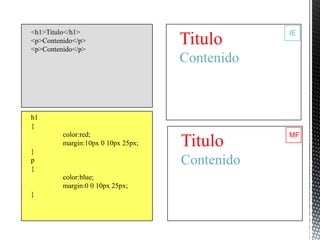 <h1>Titulo</h1>                                 IE
<p>Contenido</p>
<p>Contenido</p>
                                    Titulo
                                    Contenido



h1
{
         color:red;                             MF

}
         margin:10px 0 10px 25px;   Titulo
p
{
                                    Contenido
         color:blue;
         margin:0 0 10px 25px;
}
 