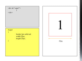 <div id=“caja1”>
          1
</div>




#caja1
{
          border:1px solid red
                                 1
          width:25px;
          height:25px;
}                                25px
 