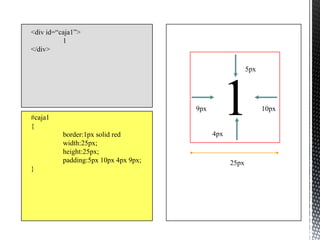 <div id=“caja1”>
          1
</div>

                                                         5px




#caja1
{
          border:1px solid red
                                      9px
                                              1
                                            4px
                                                               10px



          width:25px;
          height:25px;
          padding:5px 10px 4px 9px;               25px
}
 