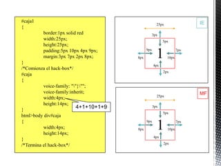 #caja1                                                                    IE
                                                      25px
{
         border:1px solid red                       3px
         width:25px;                                      5px
         height:25px;


}
         padding:5px 10px 4px 9px;
         margin:3px 7px 2px 8px;        8px
                                              9px
                                                      1      10px
                                                                    7px



                                                    4px
/*Comienza el hack-box*/
                                                          2px
#caja
{
          voice-family: ""}"";
          voice-family:inherit;                                           MF
                                                      25px
          width:4px;
          height:14px;
}
                           4+1+10+1+9               3px
                                                          5px
html>body div#caja
{
          width:4px;
          height:14px;
                                        8px
                                              9px
                                                      1      10px
                                                                    7px



                                                    4px
}
                                                          2px
/*Termina el hack-box*/
 