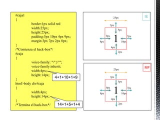 #caja1                                                                     IE
                                                       25px
{
         border:1px solid red                        3px
         width:25px;                                       5px
         height:25px;


}
         padding:5px 10px 4px 9px;
         margin:3px 7px 2px 8px;         8px
                                               9px
                                                       1      10px
                                                                     7px



                                                     4px
/*Comienza el hack-box*/
                                                           2px
#caja
{
          voice-family: ""}"";
          voice-family:inherit;                                            MF
                                                       25px
          width:4px;
          height:14px;
}
                           4+1+10+1+9                3px
                                                           5px
html>body div#caja
{
          width:4px;
          height:14px;
                                         8px
                                               9px
                                                       1      10px
                                                                     7px



                                                     4px
}
                            14+1+5+1+4                     2px
/*Termina el hack-box*/
 