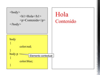 <body>
      <h1>Hola</h1>                    Hola
      <p>Contenido</p>                 Contenido
</body>



body
{
         color:red;
}
body p
                 Elemento contextual
{
         color:blue;
}
 