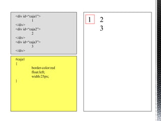 <div id=“caja1”>
          1                  1   2
</div>
<div id=“caja2”>                 3
          2
</div>
<div id=“caja3”>
          3
</div>

#caja1
{
          border-color:red
          float:left;
          width:25px;
}
 