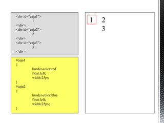 <div id=“caja1”>
          1                   1   2
</div>
<div id=“caja2”>                  3
          2
</div>
<div id=“caja3”>
          3
</div>

#caja1
{
          border-color:red
          float:left;
          width:25px
}
#caja2
{
          border-color:blue
          float:left;
          width:25px;
}
 