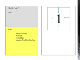 <div id=“caja1”>
          1
</div>




                                      1
#caja1
{
          border-color:red
          float:left;
          width:25px;
          padding:5px 10px 4px 9px;
}
 