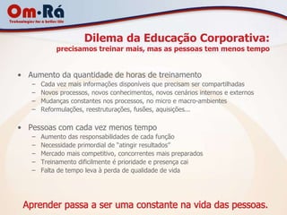 Dilema da Educação Corporativa:
            precisamos treinar mais, mas as pessoas tem menos tempo


• Aumento da quantidade de horas de treinamento
   –   Cada vez mais informações disponíveis que precisam ser compartilhadas
   –   Novos processos, novos conhecimentos, novos cenários internos e externos
   –   Mudanças constantes nos processos, no micro e macro-ambientes
   –   Reformulações, reestruturações, fusões, aquisições...

• Pessoas com cada vez menos tempo
   –   Aumento das responsabilidades de cada função
   –   Necessidade primordial de “atingir resultados”
   –   Mercado mais competitivo, concorrentes mais preparados
   –   Treinamento dificilmente é prioridade e presença cai
   –   Falta de tempo leva à perda de qualidade de vida
 