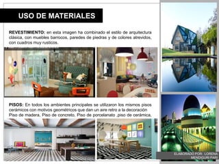 REVESTIMIENTO:
REVESTIMIENTO: en esta imagen ha combinado el estilo de arquitectura
clásica, con muebles barrocos, paredes de piedras y de colores atrevidos,
con cuadros muy rusticos.
PISOS: En todos los ambientes principales se utilizaron los mismos pisos
cerámicos con motivos geométricos que dan un aire retro a la decoración
Piso de madera, Piso de concreto, Piso de porcelanato ,piso de cerámica,
azulejos.
USO DE MATERIALES
ELABORADO POR: LORENA
MENDIGURI PARI
 
