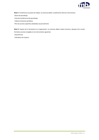 MB CONSULTORES S.C.
Nivel 3: Transferencia al puesto de trabajo. Los alumnos deben cumplimentar diversos instrumentos:
-Diario de aprendizaje
-Ficha de transferencia del aprendizaje
-Tabla de revisiones periódicas
-Plan de acciones especificas detalladas secuencialmente
Nivel 4: Impacto de la formación en la organización. Los alumnos deben realizar durante y después de la acción
formativa acciones recogidas en los instrumentos siguientes:
-Autoinformes
-Indicadores de impacto.
 