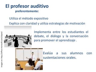 Imagenen:http://office.microsoft.com/clipart/
Utiliza el método expositivo
Explica con claridad y utiliza estrategias de motivación
Implementa entre los estudiantes el
debate, el diálogo y la conversación
para promover el aprendizaje .
El profesor auditivo
preferentemente:
Evalúa a sus alumnos con
sustentaciones orales.
 